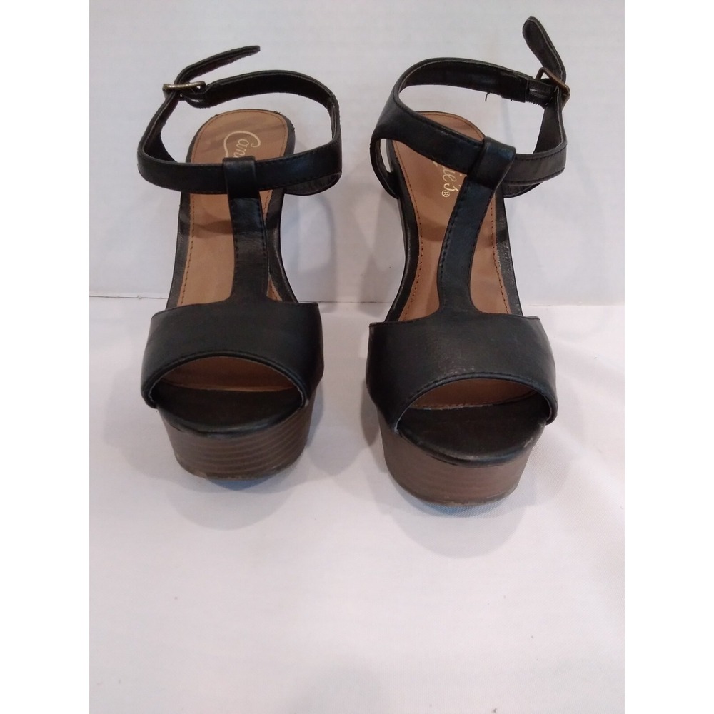 Candies Macao Platform‎ Wedge Sandals Black Peep Toe T Strap Y2K Goth Date Night